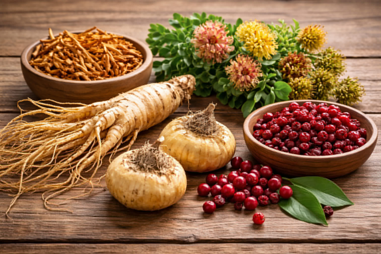Ingrédients de nombreux médicaments contre l'impuissance à base de plantes : Ginseng, Cordyceps, Rhodiola, Schisandra et Maca